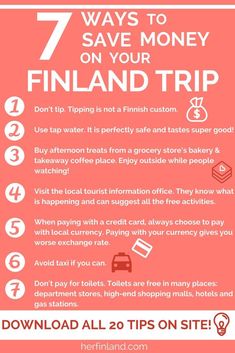a pink poster with the words 7 ways to save money on your finland trip info