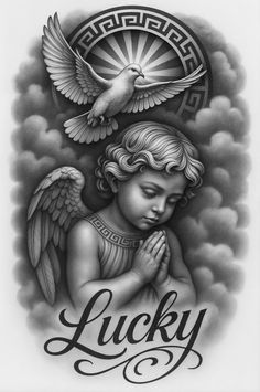 Praying Angels Tattoos, Praying Angel Tattoo Designs, Cherub Praying Tattoo, Angel With Clouds Tattoo Design, Angel Tattoo Stencil, Guardian Angel Tattoo Sketch, Religious Tattoo Design, Angel Drawing Tattoo, Black And Grey Angel
