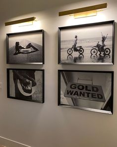 three black and white pictures hanging on the wall next to each other with people riding motorcycles