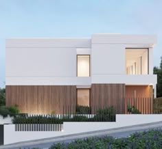 an artist's rendering of a modern house with wood and white sidings on the outside