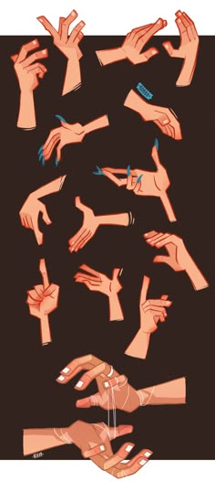 many hands are shown with different gestures on them