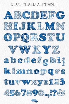 the alphabet is made up of blue and white letters, with different font styles on them