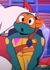 a cartoon character sitting on top of a red couch