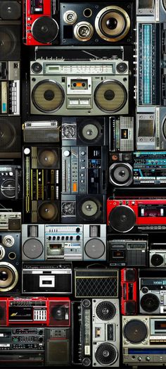 many different types of boomboxes and stereos are arranged in a grid pattern