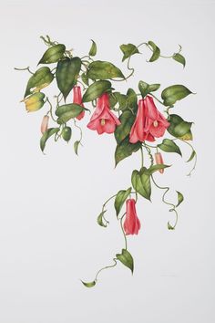 a painting of red flowers with green leaves
