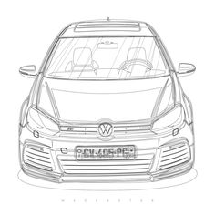 the front view of a volkswagen car with its hood up and windows open, drawn in pencil