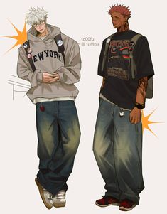 two men standing next to each other in front of a white background