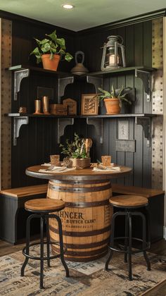 a wooden barrel sitting in the middle of a room