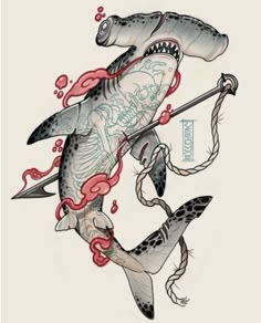 a drawing of a shark with blood on it's body and an arrow in its mouth