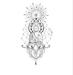 the buddha is sitting on top of a lotus flower and surrounded by other symbols in black and white