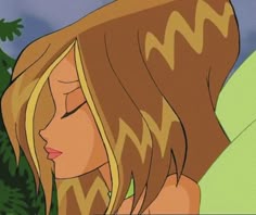 a woman with long blonde hair standing in front of trees and looking off into the distance