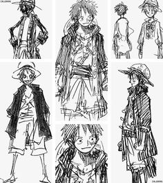 several sketches of people in different outfits and hats, each with a hat on their head