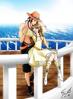 a woman sitting on top of a white railing next to the ocean and wearing a cowboy hat