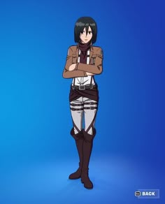 an anime character with her arms crossed standing in front of a blue background and looking at the camera