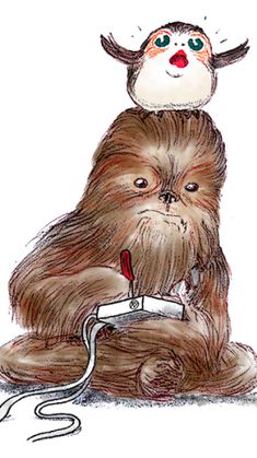 a drawing of a cat on top of a star wars chew - oon character