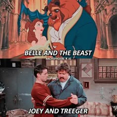 the beauty and the beast movie scene with an image of two men hugging each other