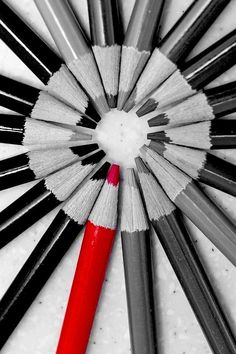 a group of pencils arranged in a circle on a white surface with one red and the other black