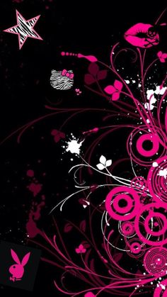 an abstract pink and black background with swirls, hearts, stars and butterflies on it
