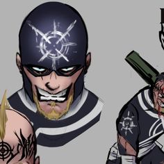 two cartoon characters one with a baseball bat and the other with an evil look on his face