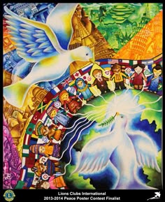 an artistic painting with white doves and people around it
