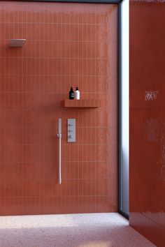 a red tiled bathroom with two shelves on the wall and a shower head in the corner