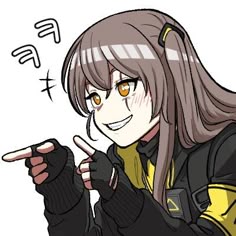 an anime character with long hair pointing to the side and wearing black gloves, holding a finger up in front of her face