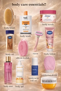 Luxury body care essentials aesthetic flat lay including body brush, exfoliating scrub, body wash, razor, body oil, lotion, SPF, body mist and body cream for glowing skin routine.