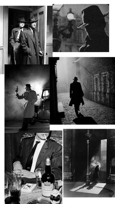 black and white photographs of men in suits, hats, and ties with drinks on the table