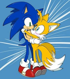 sonic and tails hugging each other with blue background