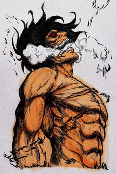 an ink drawing of a man with his head in the air and hair blowing out