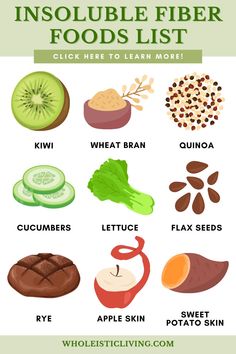 Insoluble fiber is a type of fiber that does not dissolve in water. Our bodies don’t have the enzymes to break these fibers down and digest them, so they pass through the intestinal tract and colon still intact. Thus, insoluble fiber is beneficial for our health as it adds bulk and roughage to our stools, usually making them easier and healthier to pass. Here are 9 food sources of insoluble fiber: -Kiwi -Wheat bran -Quinoa -Cucumbers -Lettuce -Flax seeds -Rye -Apple skin (and the skin of other fruits) -Sweet potato skin (and the skin of other vegetables) Click here to learn more about the different types of fiber, their benefits, and how much you need in your diet according to a gut health dietitian. Fiber Foods List, Ibs Diet, Sweet Potato Skins, Potato Skin, Best Probiotic, Help Digestion, Fiber Foods, Keeping Healthy, Healthy Gut