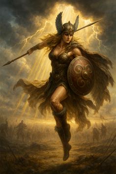 In Norse mythology, a valkyrie is one of a host of female figures who guide souls of the dead to the god Odin's hall Valhalla. There, the deceased warriors become einherjar. When the einherjar are not preparing for the cataclysmic events of Ragnarök, the valkyries bear them mead. Valkyries also appear as lovers of heroes and other mortals, where they are sometimes described as the daughters of royalty, sometimes accompanied by ravens and sometimes connected to swans or horses. Norse Mythology Characters, Valkyrie Artwork, Norse Warrior Art, Norse Valkyrie, Viking Valkyrie Art, Viking And Valkyrie, Valkyrie Art Norse, Viking Valkyrie, Valkyrie Norse Mythology Art