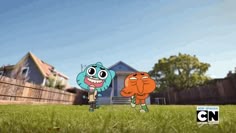 two cartoon characters are standing in the grass near a house and fence, one is holding an orange object