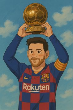 a man holding up a soccer ball above his head