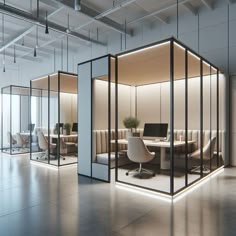 an office with glass partitions and chairs