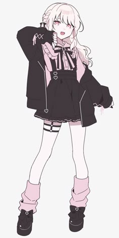a drawing of a girl with white hair and black boots, holding her hand up to her face