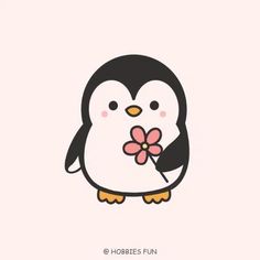 a penguin with a flower in its beak