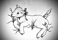 a black and white drawing of a sheep with a bow on it's neck