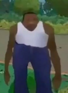 the man is wearing blue pants and a white tank top