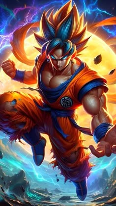 an image of a cartoon character with blue hair and orange outfit running through the air