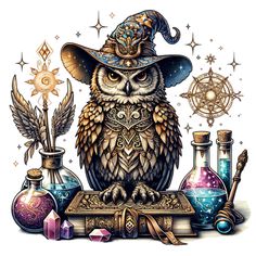 an owl wearing a witches hat sitting on top of a book with other items around it