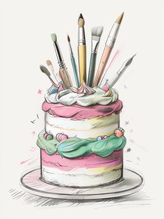 a drawing of a cake with makeup brushes on top