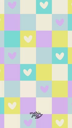 an abstract pattern with hearts in pastel colors on a checkerboard wallpaper background