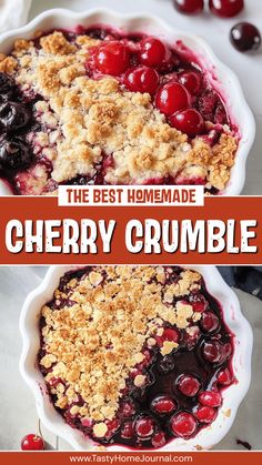 the best homemade cherry crumble pie is ready to be eaten with cherries on top