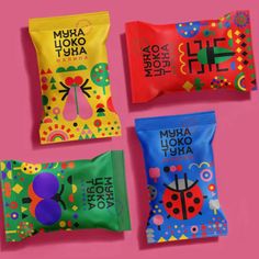 three bags of colorful food on a pink background with the words muria koko kuha