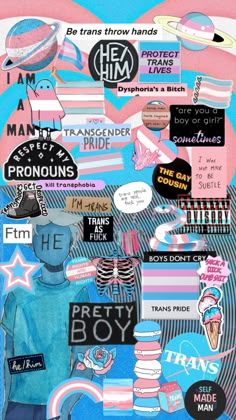a collage of various stickers and decals on a blue background with pink stripes