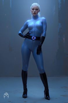 a woman in blue is standing with her hands on her hips