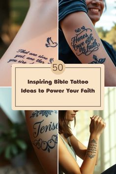 A man's tattooed arm with various bible verse designs. One unique tattoo shows a delicate branch. This Pin has several images showing different inspiring Bible verse tattoos.