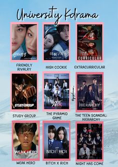 the poster for university drama shows many different actors and their roles in each movie,