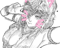 an anime character with pink arrows pointing to the right and left side of his head